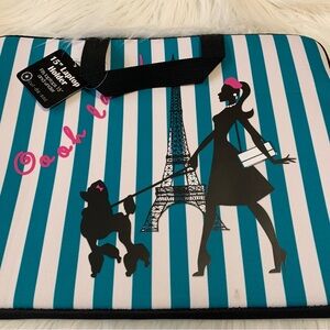 CUL-DE-SAC teal striped neoprene Parisian theme laptop zip close bag NWT